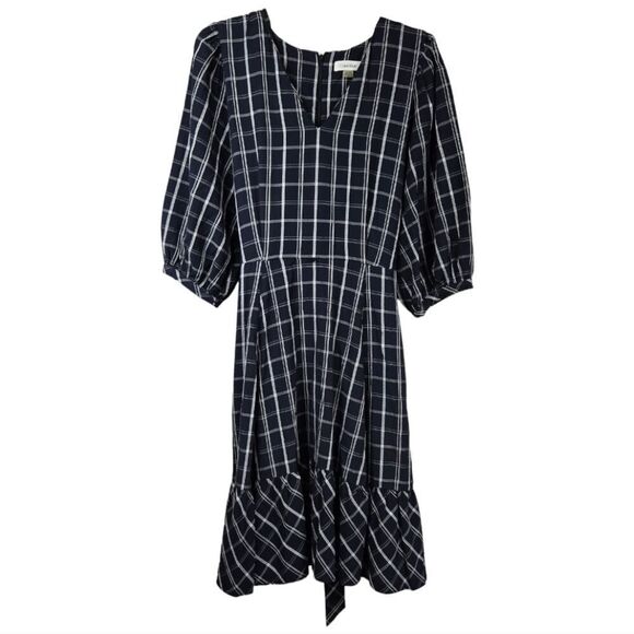 Calvin Klein Navy Belted Plaid Gauze Dress Balloon Puff Sleeves A-line CK Career - Picture 16 of 16